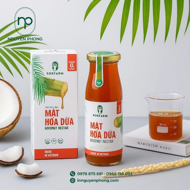 Mẫu hộp giấy cùng tem nhãn dán mật hoa dừa